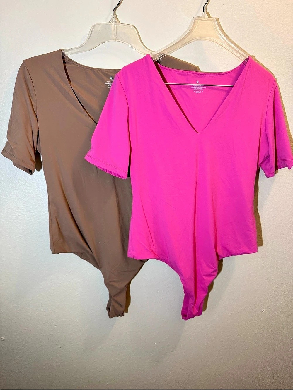 Pumiey V Neck Short Sleeve Bodysuit 2-Pack Pink & Brown Large